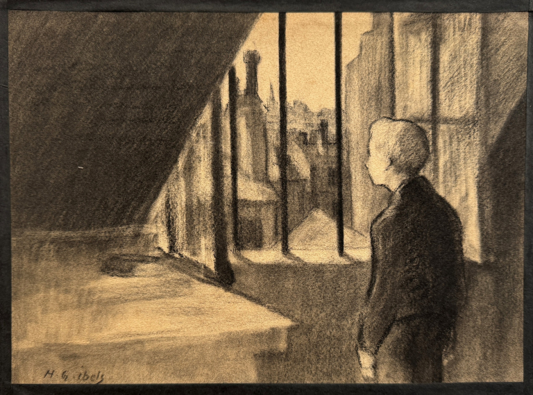 Jeune homme dans la chambre mansardée, sans date, fusain sur papier, 19,2 x 25 cm, collection particulière