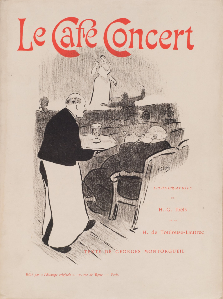Le Café-Concert, album, 1893, lithographies en noir, 44 × 33 cm. Couverture Francisque Sarcey au café, collection particulière